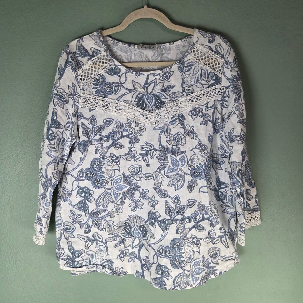 Elena Baldi Womens Medium Linen Blue Floral Lace Blouse Top Boho Cottage Prairie